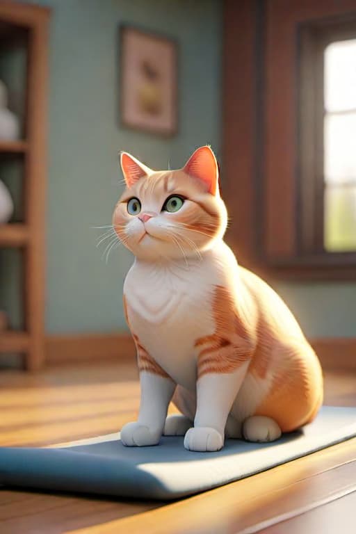  An adorable fat orange cat stands on a yoga mat, feet standing, front PAWS raised, as if stretching, against the backdrop of a cozy living room with sunlight streaming in through the Windows hyperrealistic, full body, detailed clothing, highly detailed, cinematic lighting, stunningly beautiful, intricate, sharp focus, f/1. 8, 85mm, (centered image composition), (professionally color graded), ((bright soft diffused light)), volumetric fog, trending on instagram, trending on tumblr, HDR 4K, 8K