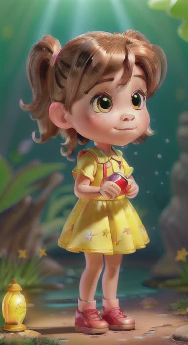  {A magical stream with clear, sparkling water and brightly colored fish that shimmer and glow like precious gems., A young named Lily with brown hair in pigtails, wearing a bright yellow dress with red shoes, and holding a small lantern. She is curious and adventurous.