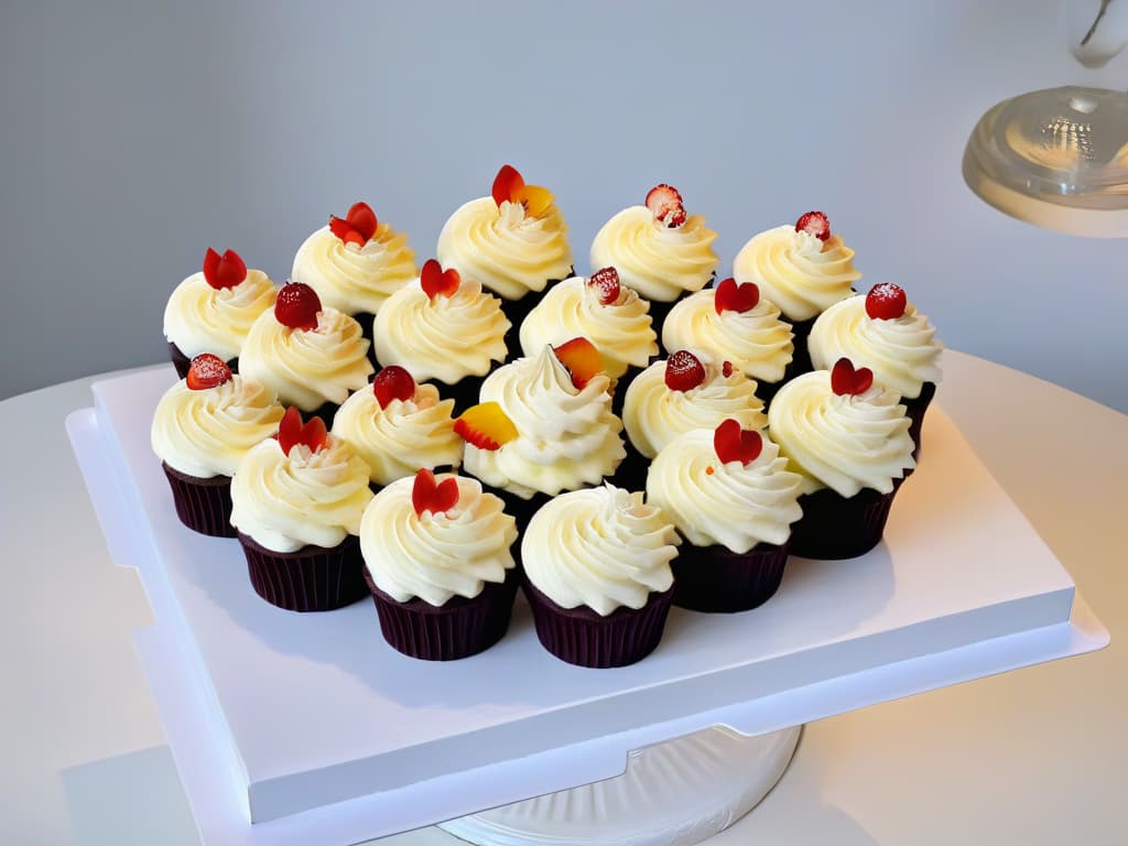  An ultradetailed image of a stunning array of glutenfree cupcakes, each intricately decorated with innovative designs using vibrant colors and intricate piping techniques. The cupcakes are displayed on a pristine white cake stand, showcasing a variety of flavors and decorations that are both visually striking and appetizing. The intricate details of the frosting, toppings, and edible decorations are highlighted in stunning photorealistic quality, inviting the viewer to appreciate the artistry and creativity that goes into glutenfree cupcake decoration. hyperrealistic, full body, detailed clothing, highly detailed, cinematic lighting, stunningly beautiful, intricate, sharp focus, f/1. 8, 85mm, (centered image composition), (professionally color graded), ((bright soft diffused light)), volumetric fog, trending on instagram, trending on tumblr, HDR 4K, 8K