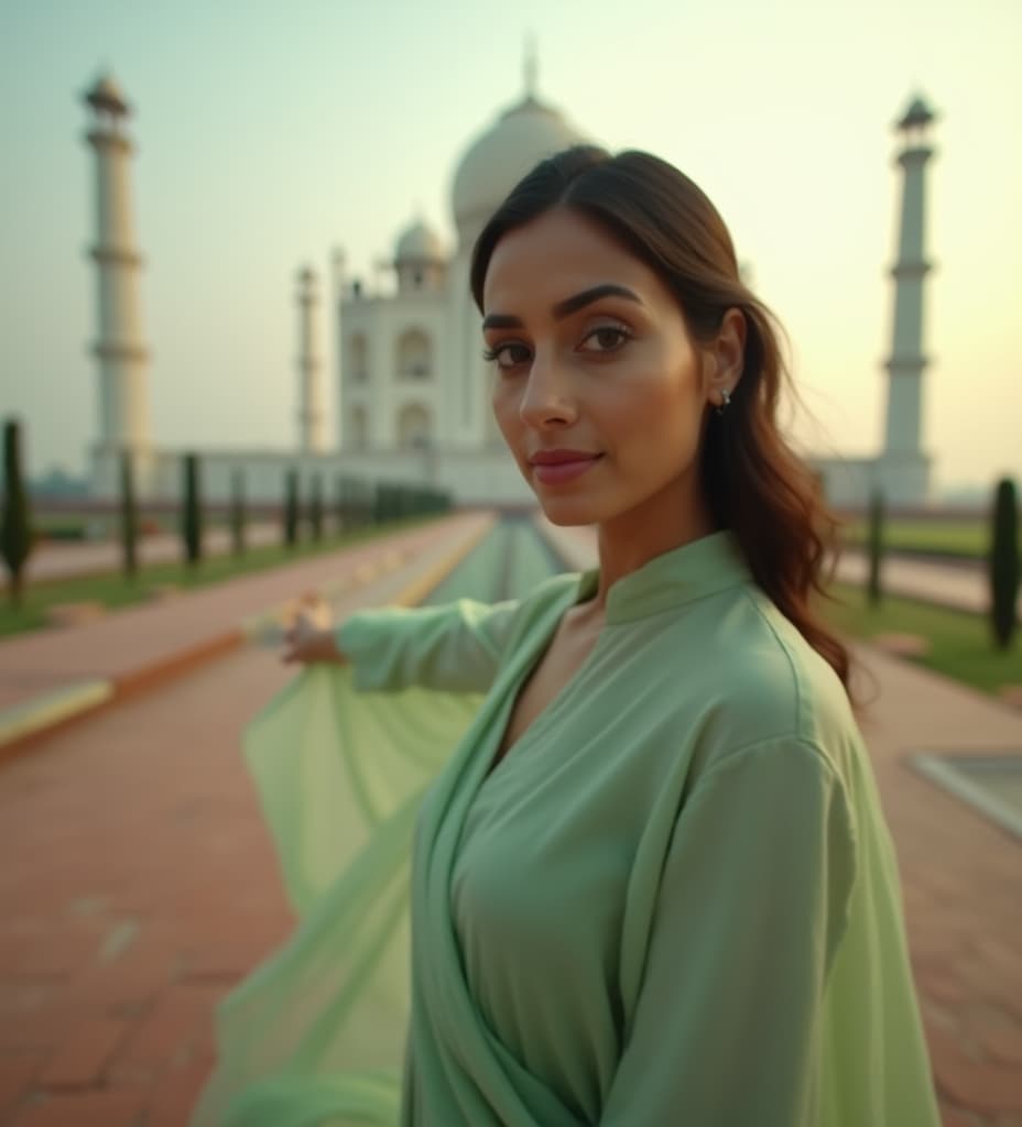  good quality, high quality, a low angle shot. an indian woman wearing a light green kameez is lowered and looking towards the camera, creating a dynamic and immersive perspective. taj mahal with dusky atmosphere in the background. the focus is on the woman, with a slight blur on the background to enhance depth. the lighting is natural, casting soft shadows and enhancing the serene, airy mood. a close up view emphasizes her movement and expression, conveying a sense of freedom and elegance.