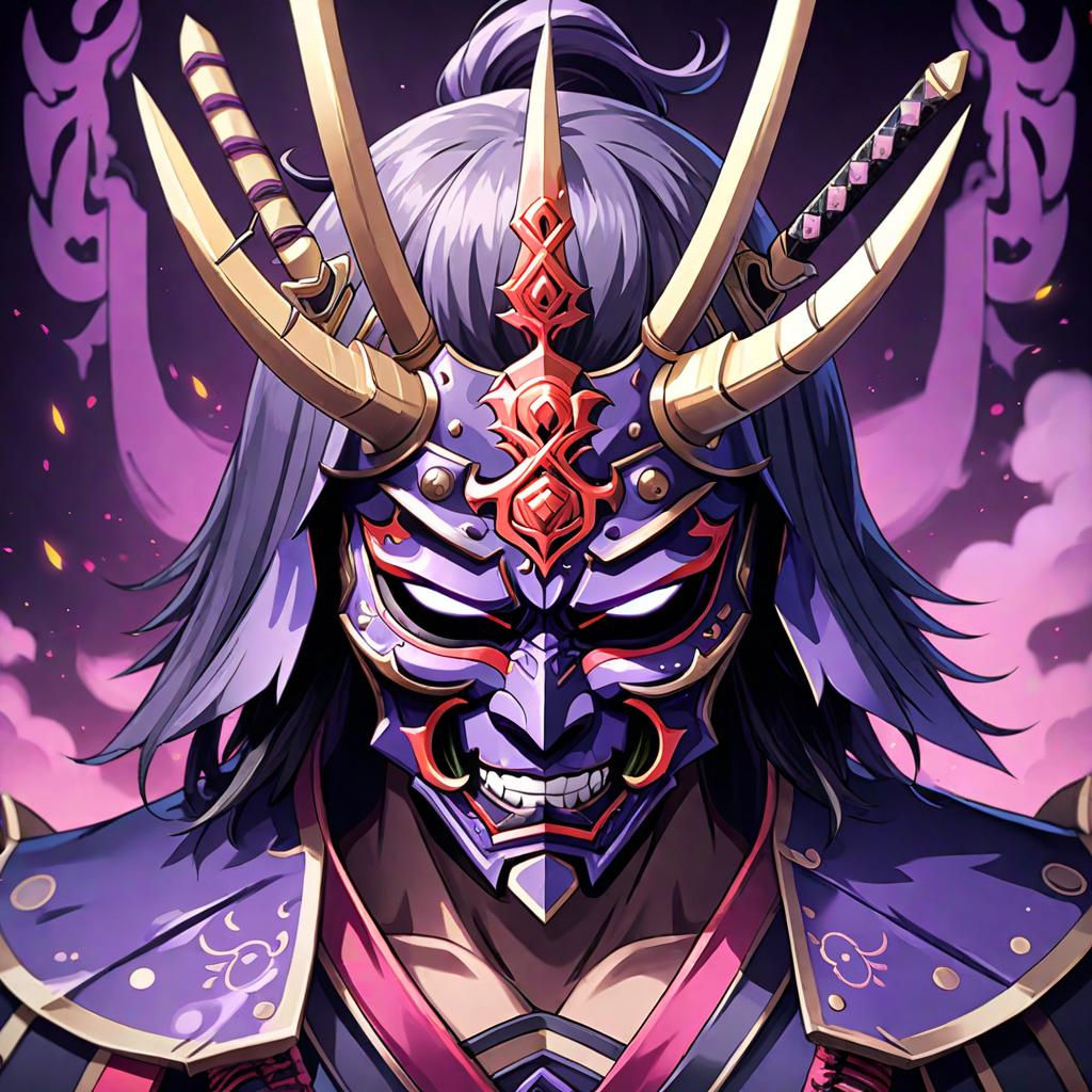  anime style artwork, (masterpiece:1.1), (highest quality:1.1), close shot of an object: dark magic elixir samurai mask, anime style, key visual, vibrant, studio anime, highly detailed