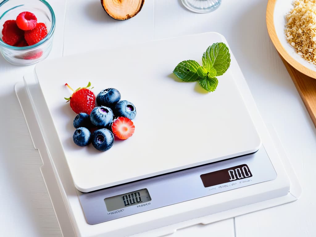  A closeup, ultradetailed image of a sleek, modern digital kitchen scale displaying precise measurements in grams and ounces. The scale sits on a pristine white countertop, with a scattering of vibrant, fresh ingredients like ripe berries and chocolate shavings surrounding it. The lighting is soft and natural, casting gentle shadows that accentuate the clean lines of the scale. The overall aesthetic is minimalist and professional, emphasizing precision and attention to detail in baking. hyperrealistic, full body, detailed clothing, highly detailed, cinematic lighting, stunningly beautiful, intricate, sharp focus, f/1. 8, 85mm, (centered image composition), (professionally color graded), ((bright soft diffused light)), volumetric fog, trending on instagram, trending on tumblr, HDR 4K, 8K