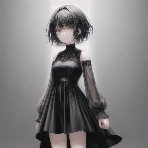  girl , black dress and black short hair perfect
