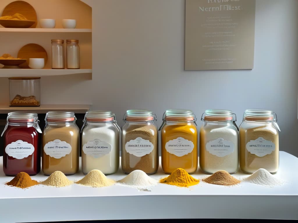  A photorealistic image of a beautifully arranged assortment of premium alternative flours for baking, including almond flour and coconut flour, displayed in elegant glass jars on a rustic wooden table. The soft natural light enhances the textures and colors of the flours, showcasing their quality and uniqueness, with each jar labeled elegantly in calligraphy. The background features a hint of a modern kitchen setting, adding a touch of sophistication and inspiration for premium baking experiences. hyperrealistic, full body, detailed clothing, highly detailed, cinematic lighting, stunningly beautiful, intricate, sharp focus, f/1. 8, 85mm, (centered image composition), (professionally color graded), ((bright soft diffused light)), volumetric fog, trending on instagram, trending on tumblr, HDR 4K, 8K