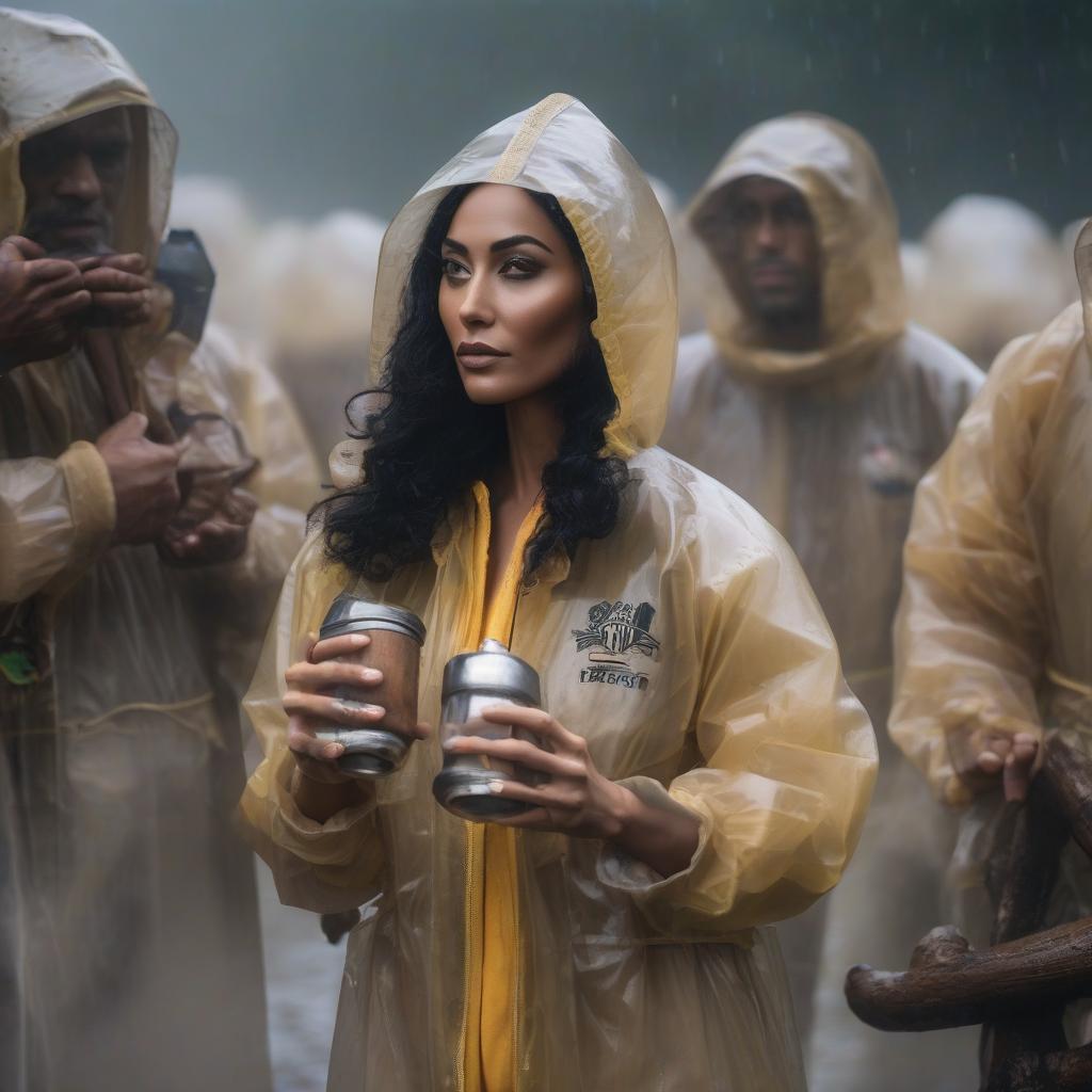  The team in transparent raincoats holds a wooden cup as the prize. hyperrealistic, full body, detailed clothing, highly detailed, cinematic lighting, stunningly beautiful, intricate, sharp focus, f/1. 8, 85mm, (centered image composition), (professionally color graded), ((bright soft diffused light)), volumetric fog, trending on instagram, trending on tumblr, HDR 4K, 8K