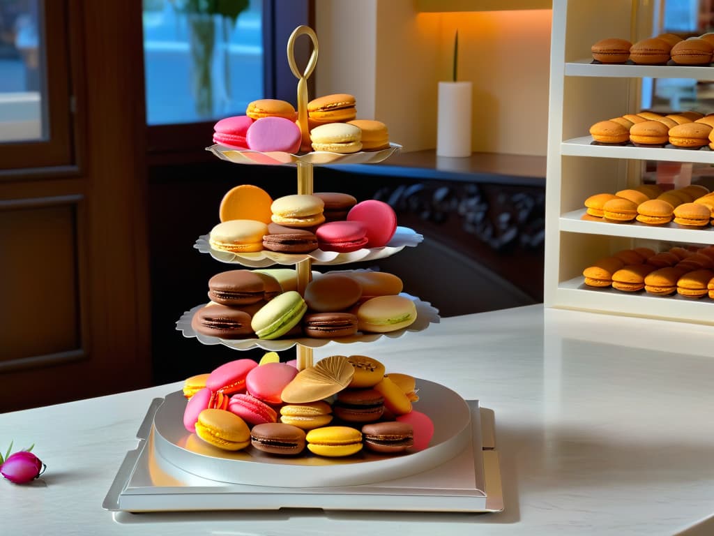  A photorealistic image of a French patisserie display showcasing an array of colorful macarons and goldenbrown madeleines arranged meticulously on elegant trays, with delicate pastelcolored flowers in the background adding a touch of sophistication to the scene. The lighting is soft, enhancing the textures and vibrant hues of the pastries, inviting the viewer to indulge in a sensory journey through the sweet world of French baking. hyperrealistic, full body, detailed clothing, highly detailed, cinematic lighting, stunningly beautiful, intricate, sharp focus, f/1. 8, 85mm, (centered image composition), (professionally color graded), ((bright soft diffused light)), volumetric fog, trending on instagram, trending on tumblr, HDR 4K, 8K