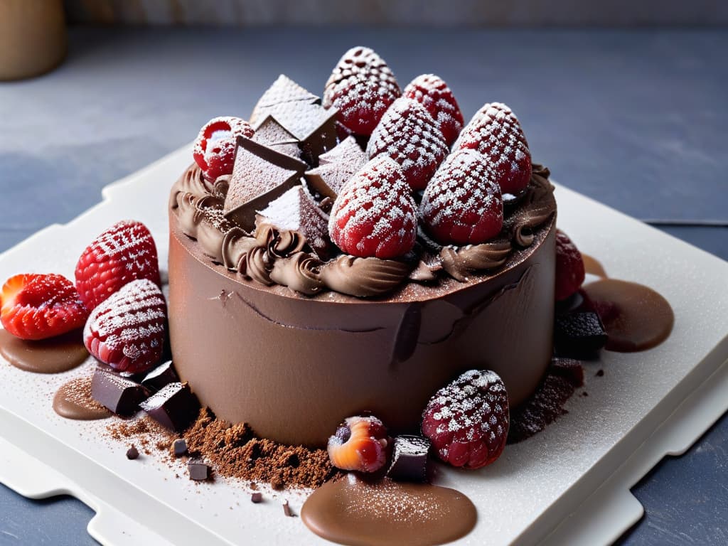  An ultrahighresolution image of a decadent chocolate avocado mousse topped with fresh raspberries and a sprinkle of cocoa powder, presented elegantly on a white marble serving platter. The rich, creamy texture of the mousse is perfectly captured, highlighting the glossy finish and airy consistency. The vibrant red raspberries provide a pop of color against the dark chocolate backdrop, creating a visually striking and mouthwatering dessert image that perfectly complements the theme of lowcarb keto desserts. hyperrealistic, full body, detailed clothing, highly detailed, cinematic lighting, stunningly beautiful, intricate, sharp focus, f/1. 8, 85mm, (centered image composition), (professionally color graded), ((bright soft diffused light)), volumetric fog, trending on instagram, trending on tumblr, HDR 4K, 8K