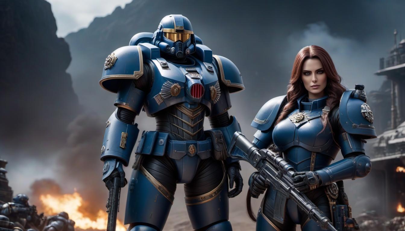  warhammer 40000 universe, Spacemarines, girl, 4k, hyperrealistic, full body, detailed clothing, highly detailed, cinematic lighting, stunningly beautiful, intricate, sharp focus, f/1. 8, 85mm, (centered image composition), (professionally color graded), ((bright soft diffused light)), volumetric fog, trending on instagram, trending on tumblr, HDR 4K, 8K