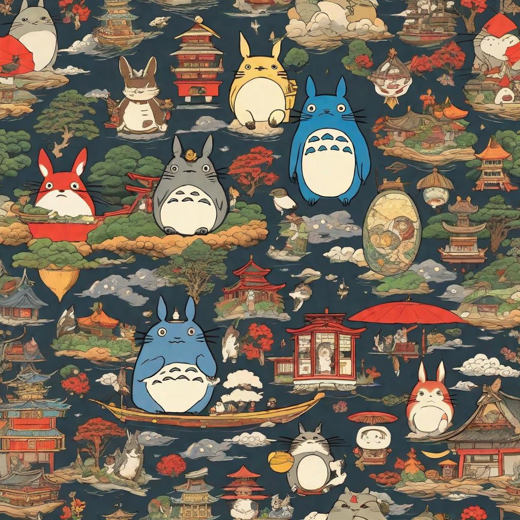  masterpiece, best quality, Traditional Japanese tattoo including, some Miyazaki characters haku and chihiro, Maru and mononoke, Totoro and friends