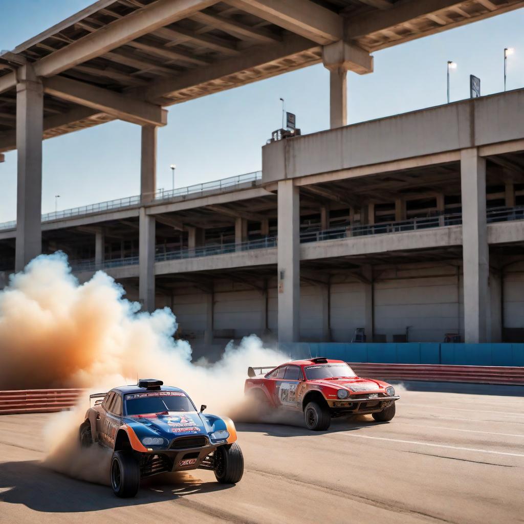  A thrilling scene set on the rooftop of a multi-level parking structure during evening hours. The sky is painted with the hues of a setting sun, casting long shadows across the scene. Mike's RC car, a sleek, high-performance vehicle, is captured speeding around Checkpoint 2, a clearly marked cone. The RC car is moving at an incredible speed, its tires barely gripping the surface, dust and tiny debris being kicked up in its wake. The intensity of the moment is evident, with the blur of motion accentuating the car's rapid movement. Beside the Checkpoint cone, a group of camera operators struggle to keep up with the RC car's swift maneuvers, their equipment barely able to capture the high-speed action. The entire scene is filled with dynamic e hyperrealistic, full body, detailed clothing, highly detailed, cinematic lighting, stunningly beautiful, intricate, sharp focus, f/1. 8, 85mm, (centered image composition), (professionally color graded), ((bright soft diffused light)), volumetric fog, trending on instagram, trending on tumblr, HDR 4K, 8K