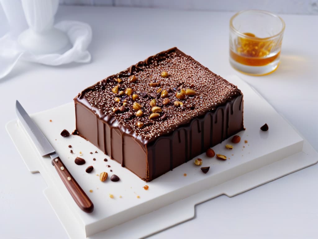  A closeup, ultradetailed image of a rich, velvety chocolate fudge being sliced with a sharp knife, revealing its gooey texture and glossy finish. The fudge is adorned with sprinkles of cocoa powder, chopped nuts, and a drizzle of caramel sauce, all set against a sleek, modern backdrop that enhances the luxurious feel of the dessert. Each crumb and swirl is captured in exquisite detail, inviting viewers to indulge in the decadent allure of this easytomake chocolate fudge recipe. hyperrealistic, full body, detailed clothing, highly detailed, cinematic lighting, stunningly beautiful, intricate, sharp focus, f/1. 8, 85mm, (centered image composition), (professionally color graded), ((bright soft diffused light)), volumetric fog, trending on instagram, trending on tumblr, HDR 4K, 8K