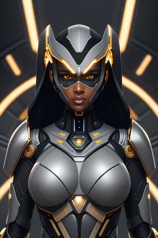 cgmech, beautiful eyes, portrait, robot, armor, black zulu women, african, neon light, 8K, RAW, best quality, masterpiece, ultra high res, colorful, (medium wide shot), (dynamic perspective), sharp focus , (depth of field, bokeh:1.3), extremely detailed eyes and face, beautiful detailed eyes,(grey gold, trimmed gear:1.2),(In a futuristic weapons factory:1.2), ((masterpiece, best quality)), <lora:more details:0.3> Detailed background, spaceship interior <lora:Niji:0.5> , Silk hair, hyperrealistic, full body, detailed clothing, highly detailed, cinematic lighting, stunningly beautiful, intricate, sharp focus, f/1. 8, 85mm, (centered image composition), (professionally color graded), ((bright soft diffused light)), volumetric fog, trending on instagram, trending on tumblr, HDR 4K, 8K
