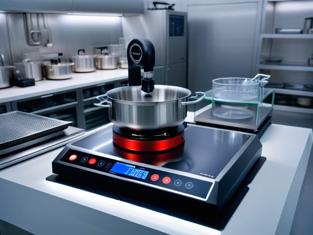  An ultradetailed 8k image of a sleek, modern kitchen laboratory filled with hightech scientific equipment like precision scales, molecular gastronomy tools, and futuristic mixers. The color scheme is a sophisticated blend of metallic silver, matte black, and hints of vibrant red, creating a visually striking and minimalist aesthetic. The image conveys a sense of precision, innovation, and expertise, perfectly complementing the theme of using scientific tools to enhance pastry skills. hyperrealistic, full body, detailed clothing, highly detailed, cinematic lighting, stunningly beautiful, intricate, sharp focus, f/1. 8, 85mm, (centered image composition), (professionally color graded), ((bright soft diffused light)), volumetric fog, trending on instagram, trending on tumblr, HDR 4K, 8K