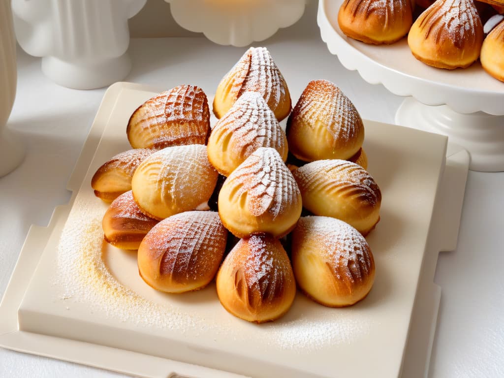  A highresolution closeup image of perfectly goldenbrown madeleines arranged neatly on a simple, elegant white plate. The madeleines are dusted with a delicate sprinkle of powdered sugar, showcasing their distinctive shellshaped form and enticing golden crust. The lighting is soft, highlighting the intricate ridges and tender crumb of the madeleines, creating a visually appealing and appetizing image that captures the essence of French pastry perfection. hyperrealistic, full body, detailed clothing, highly detailed, cinematic lighting, stunningly beautiful, intricate, sharp focus, f/1. 8, 85mm, (centered image composition), (professionally color graded), ((bright soft diffused light)), volumetric fog, trending on instagram, trending on tumblr, HDR 4K, 8K