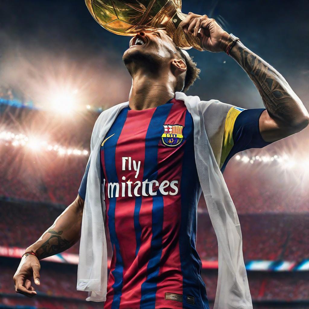  Neymar jr win the world cup hyperrealistic, full body, detailed clothing, highly detailed, cinematic lighting, stunningly beautiful, intricate, sharp focus, f/1. 8, 85mm, (centered image composition), (professionally color graded), ((bright soft diffused light)), volumetric fog, trending on instagram, trending on tumblr, HDR 4K, 8K