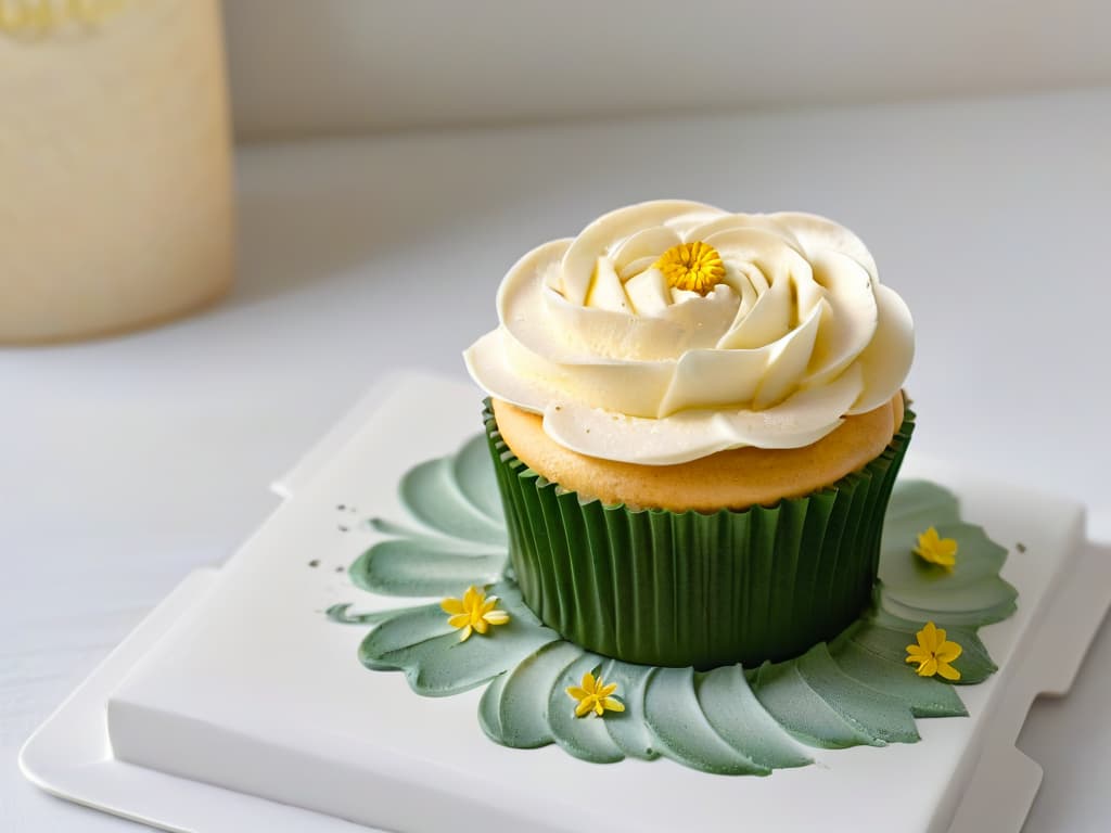  A closeup, ultradetailed image of a perfectly frosted cupcake with intricate swirls of pastelcolored buttercream icing, adorned with a delicate edible flower and a sprinkle of gold dust on a sleek, modern white plate. The frosting is smooth and glossy, reflecting the soft, ambient light, showcasing the meticulous craftsmanship and artistry of the pastry chef. The colors are muted yet elegant, creating a serene and inviting atmosphere, perfect for a minimalistic design aesthetic. hyperrealistic, full body, detailed clothing, highly detailed, cinematic lighting, stunningly beautiful, intricate, sharp focus, f/1. 8, 85mm, (centered image composition), (professionally color graded), ((bright soft diffused light)), volumetric fog, trending on instagram, trending on tumblr, HDR 4K, 8K