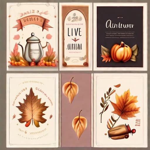  Decoration set, autumn, romantic aesthetics, vintage-style illustrations, live sensation retro, 4K, vector art, beautiful details, watercolor, vintage postcards, several designs