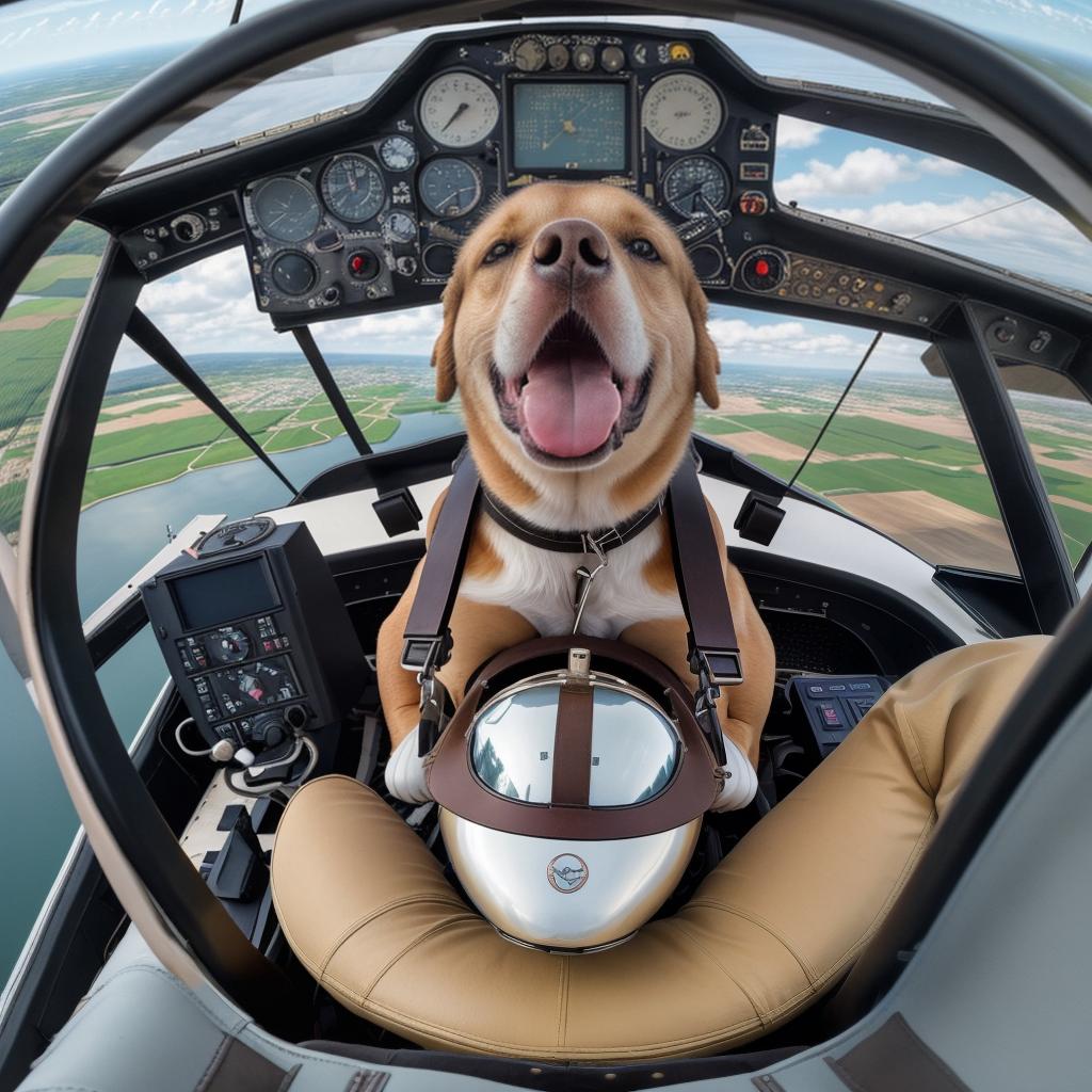  ultra detailed 16k resolution, photo realistic, high definition, natural lightingclose up of a biplane flying upside down, dog pilot