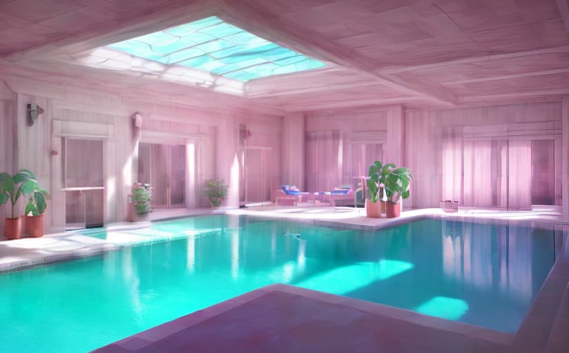 redshift style A sunlit indoor lounge area with a pool with clear water and another pool with translucent pastel pink water, next to a big window, digital art