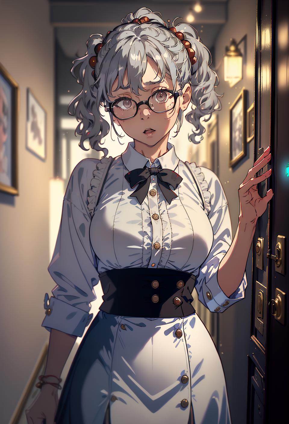  ((trending, highres, masterpiece, cinematic shot)), 1girl, mature, female Christmas outfit, large, otherworldly scene, short wavy grey hair, side ponytail, narrow white eyes, naive personality, surprised expression, glasses, tanned skin, morbid, observant
