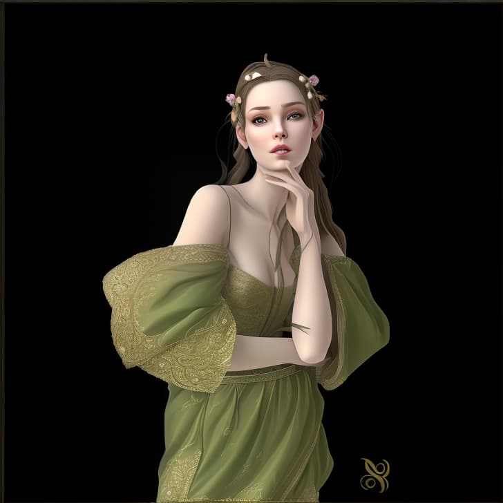 mdjrny-v4 style Create a Fantasy style avatar of a female Elf. Prominent Elf Ears, ears should be pointed, long, sharp, visible behind the hair. The character should have long, flowing silver hair, caught in a bun, adorned with delicate flowers. Her eyes should be almond shaped and bright green. She should wear an elegant, fitted tunic with intricate leaf patterns and embroidery. Her ears should be pointed and prominent, a defining feature of Elves. She should have a graceful and slender build, with pale, smooth skin.