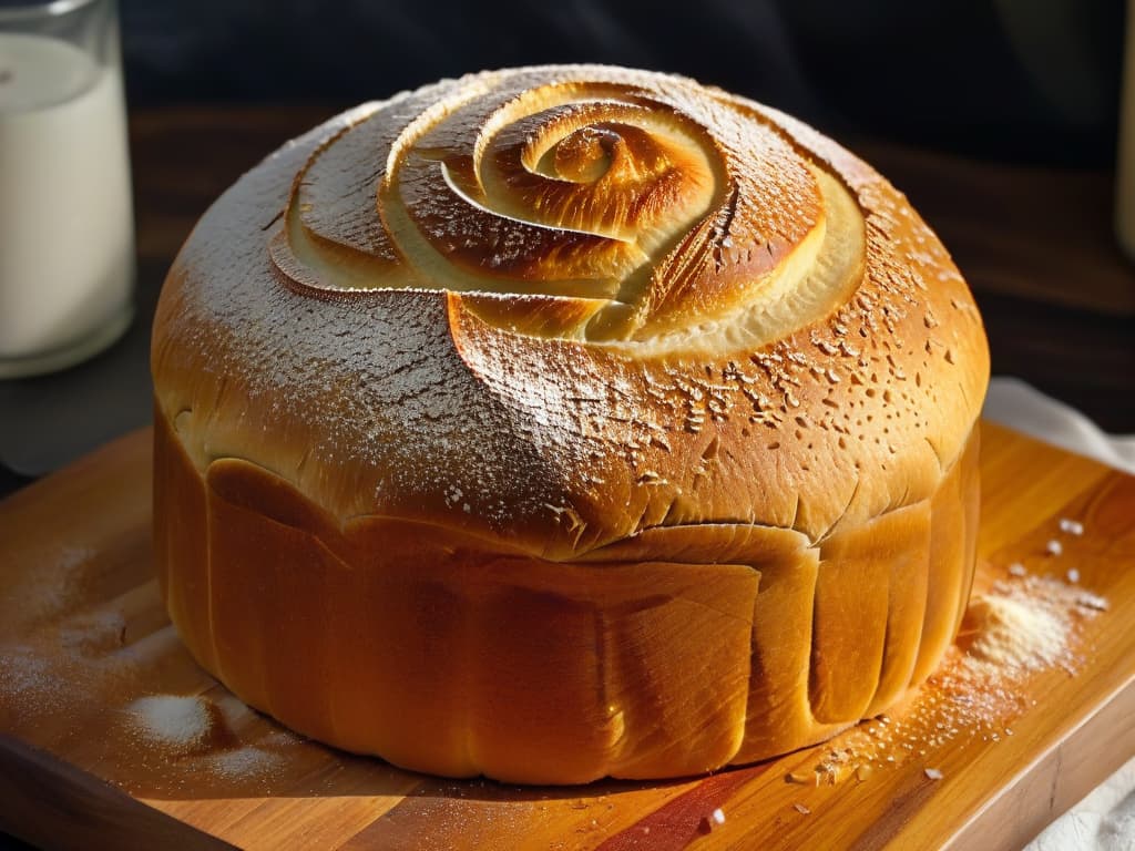  A closeup, ultradetailed image of a perfectly risen loaf of sourdough bread with a crispy golden crust, dusted with a sprinkle of flour on a rustic wooden cutting board. The intricate patterns of the bread scoring are visible, showcasing the artistry and skill behind the baking process. The lighting is soft, highlighting the textures and creating a warm, inviting atmosphere that captures the essence of artisanal breadmaking. hyperrealistic, full body, detailed clothing, highly detailed, cinematic lighting, stunningly beautiful, intricate, sharp focus, f/1. 8, 85mm, (centered image composition), (professionally color graded), ((bright soft diffused light)), volumetric fog, trending on instagram, trending on tumblr, HDR 4K, 8K