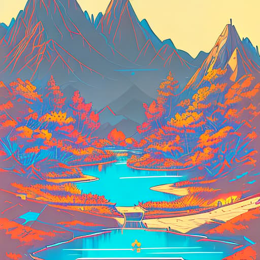 nvinkpunk Whimsical mountains with pond and trees in valley