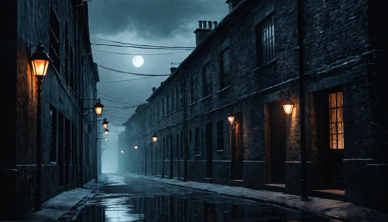  （surrealism)Dark alleyway, hidden figures, shadows elongated, flickering street lamps, eerie atmosphere mystic, intricate details, best quality)