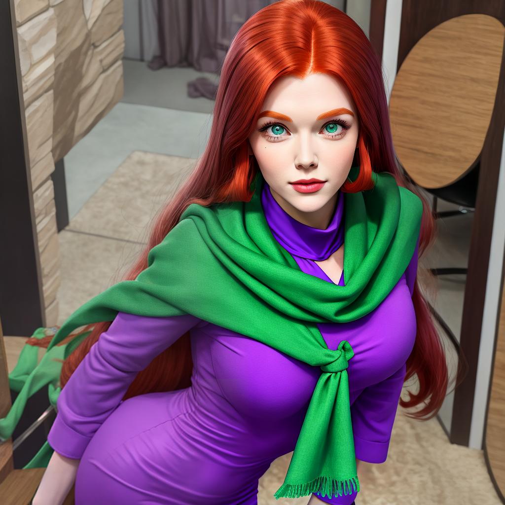  masterpiece, best quality, Daphne Blake, redheaded attractive friend of Scooby-Doo, in her iconic purple long sleeved dress and green scarf, large round butt revealed through dress