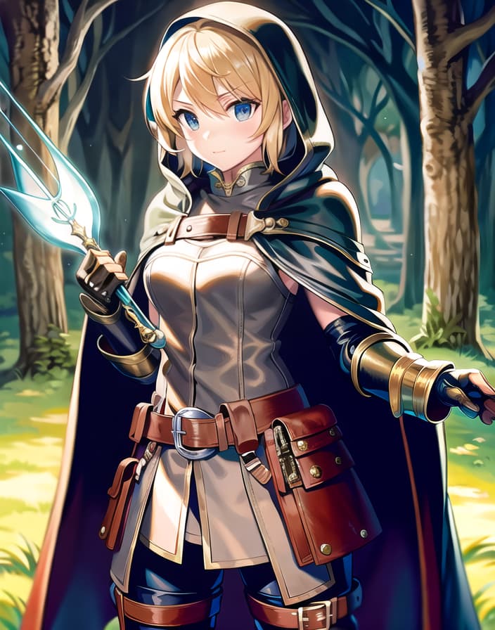  master piece , best quality,Leather armor, hooded cape, hooded cloak, boots, pants, tunic, pouch, belt, gloves, gauntlets, bow, arrows, dagger, nature lover, calm and collected, high shooting accuracy, concentration, girl