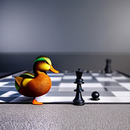 redshift style Duck playing chess hyperrealistic, full body, detailed clothing, highly detailed, cinematic lighting, stunningly beautiful, intricate, sharp focus, f/1. 8, 85mm, (centered image composition), (professionally color graded), ((bright soft diffused light)), volumetric fog, trending on instagram, trending on tumblr, HDR 4K, 8K