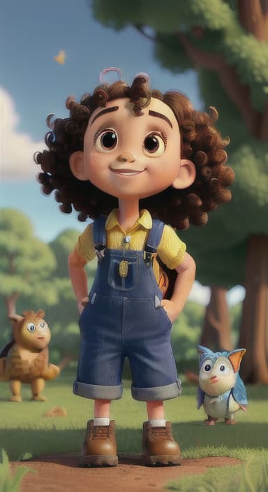  {Riley looking up at the tree with a big smile, animals surrounding them., Riley, a curious with big brown eyes and curly hair, wearing overalls and carrying a small backpack. Their friend, Skye, a bluebird with shiny feathers.