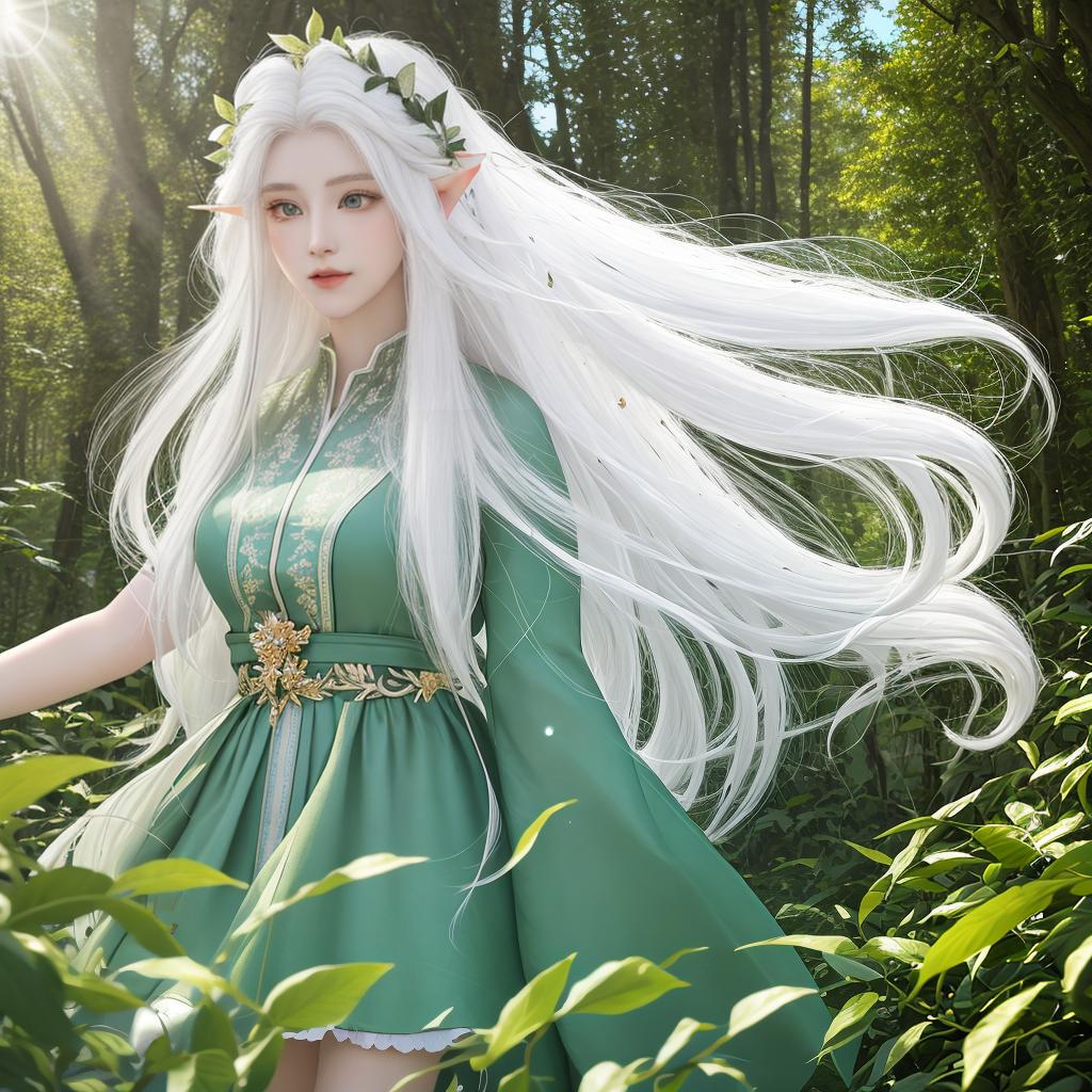  masterpiece, best quality, (masterpiece, best quality, high quality, super detail), realism, 1 sweet , bigger,(side id:1.1), long hair,((white hair)), leaf hair accessory, elf, green eyes, pale skin, body, jewelry, celet,(away from sight:1.2),(hair floating:1.3), from the front,(in forest:1.3),(lens flare from right:1.2)