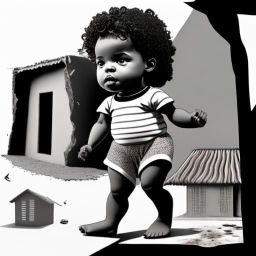 estilovintedois Create for me an image in the form of a 3D comic strip of an ebony woman who is 8 months, barefoot, in an environment surrounded by a house built of clay.