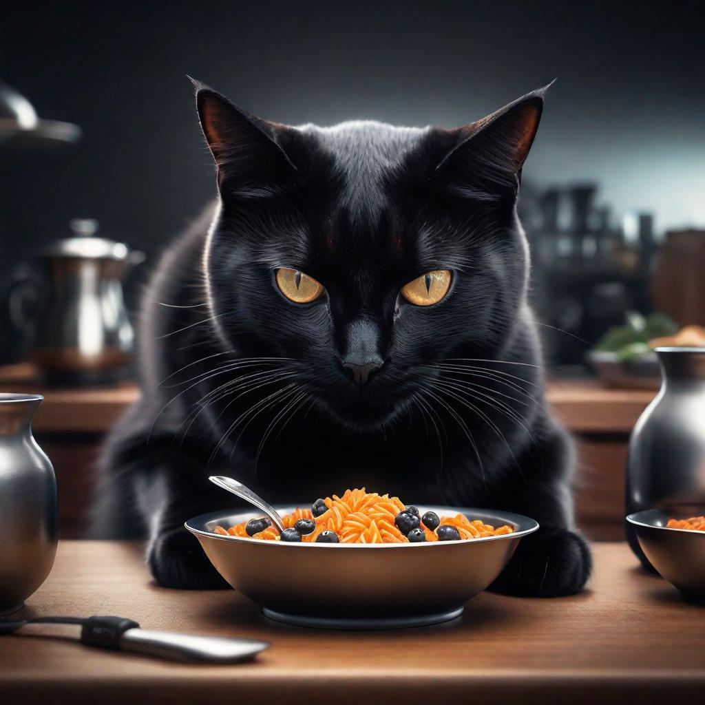  black cat eating from the bowl, black Friday , cute, warm, digital illustration hyperrealistic, full body, detailed clothing, highly detailed, cinematic lighting, stunningly beautiful, intricate, sharp focus, f/1. 8, 85mm, (centered image composition), (professionally color graded), ((bright soft diffused light)), volumetric fog, trending on instagram, trending on tumblr, HDR 4K, 8K