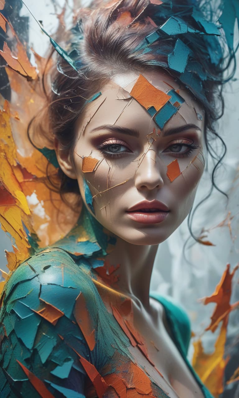  double exposure of acrylic paint, abstract woman’s face, in the style of shattered, segmented cracked skin, vibrant acid colors, volumetric lighting, depressive mood hyperrealistic, full body, detailed clothing, highly detailed, cinematic lighting, stunningly beautiful, intricate, sharp focus, f/1. 8, 85mm, (centered image composition), (professionally color graded), ((bright soft diffused light)), volumetric fog, trending on instagram, trending on tumblr, HDR 4K, 8K