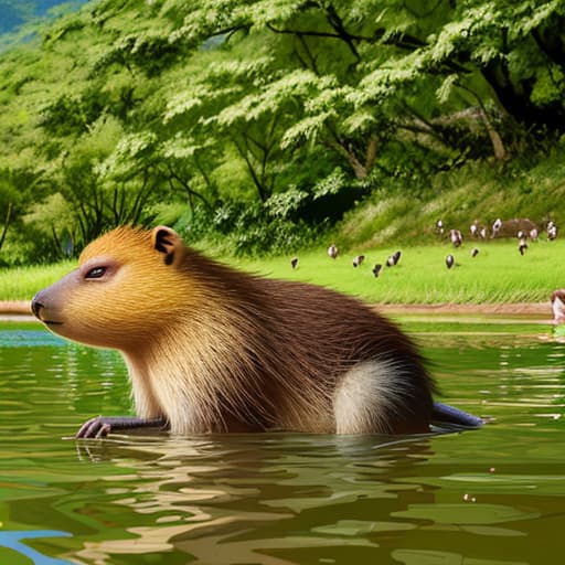  capybara play in a lake with monkey，