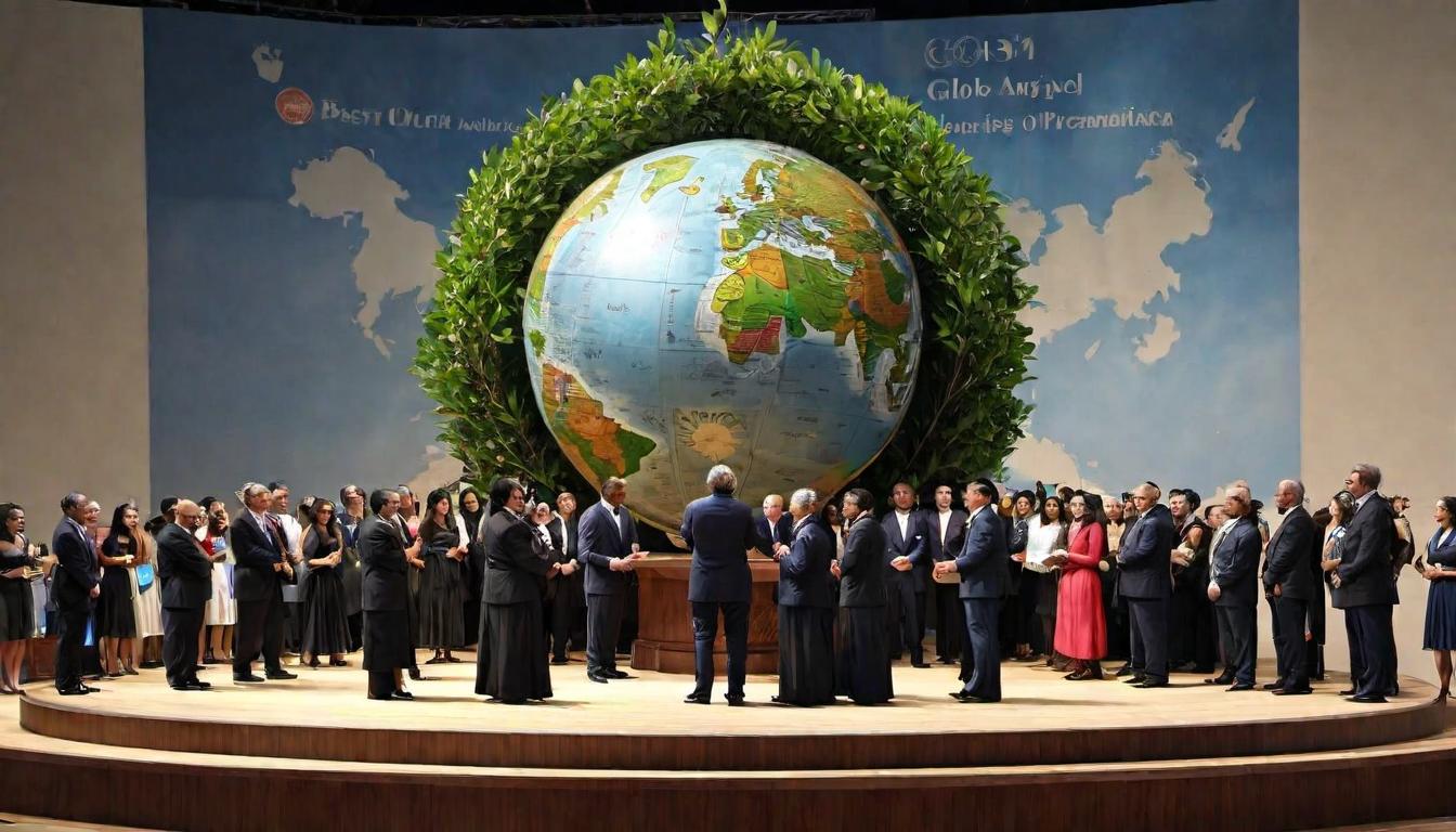  digital painting of A globe encircled by olive branches, atop, a podium and microphone, diverse figures around, each taking turns speaking, inspired articulation, collective endeavor, the globe center stage, podium and figures detailed, articulating a future, engagement in dialogue, symbols of peace framing a sphere of hopeful discourse looking at viewer, dynamic pose, (intricate details, masterpiece, best quality)