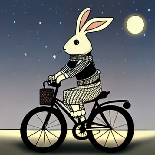  A rabbit wearing a keffiyeh at night and riding a bicycle