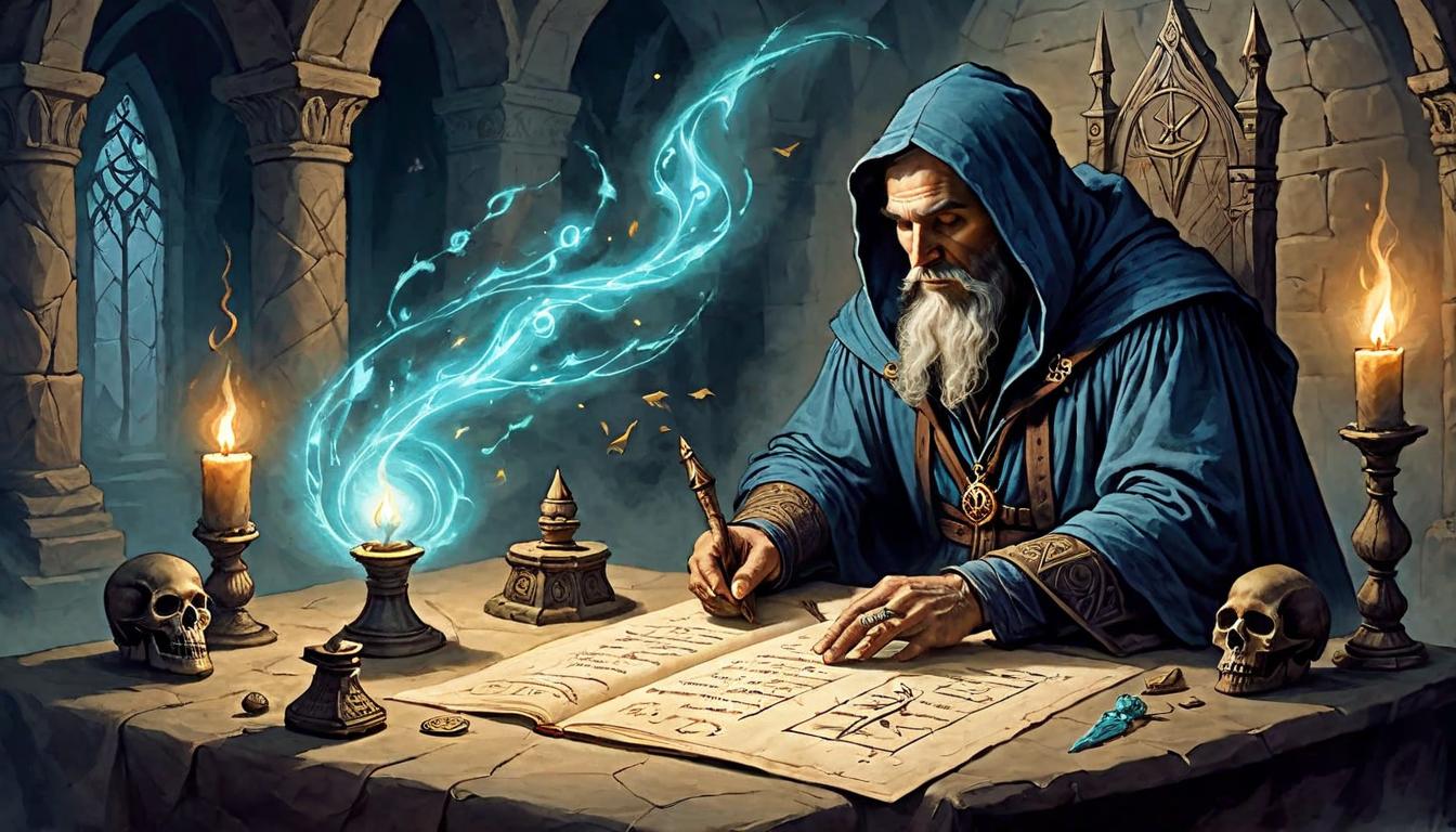  on parchment, surrealism+++, Sorcerer with spellbook, runes glowing, casting a precise incantation, focused(mysterious, provocative, symbolic,muted color)+++