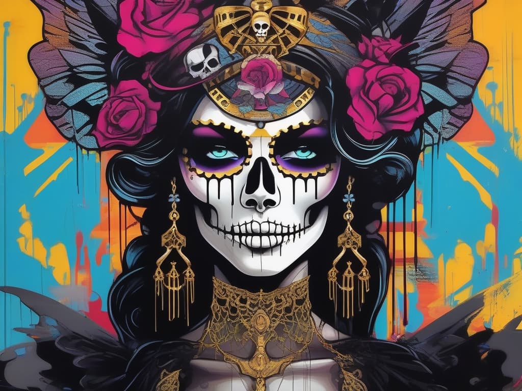  graffiti style Goddess of Death, beautiful face, black dress, frills, high detail, skull necklace . street art, vibrant, urban, detailed, tag, mural