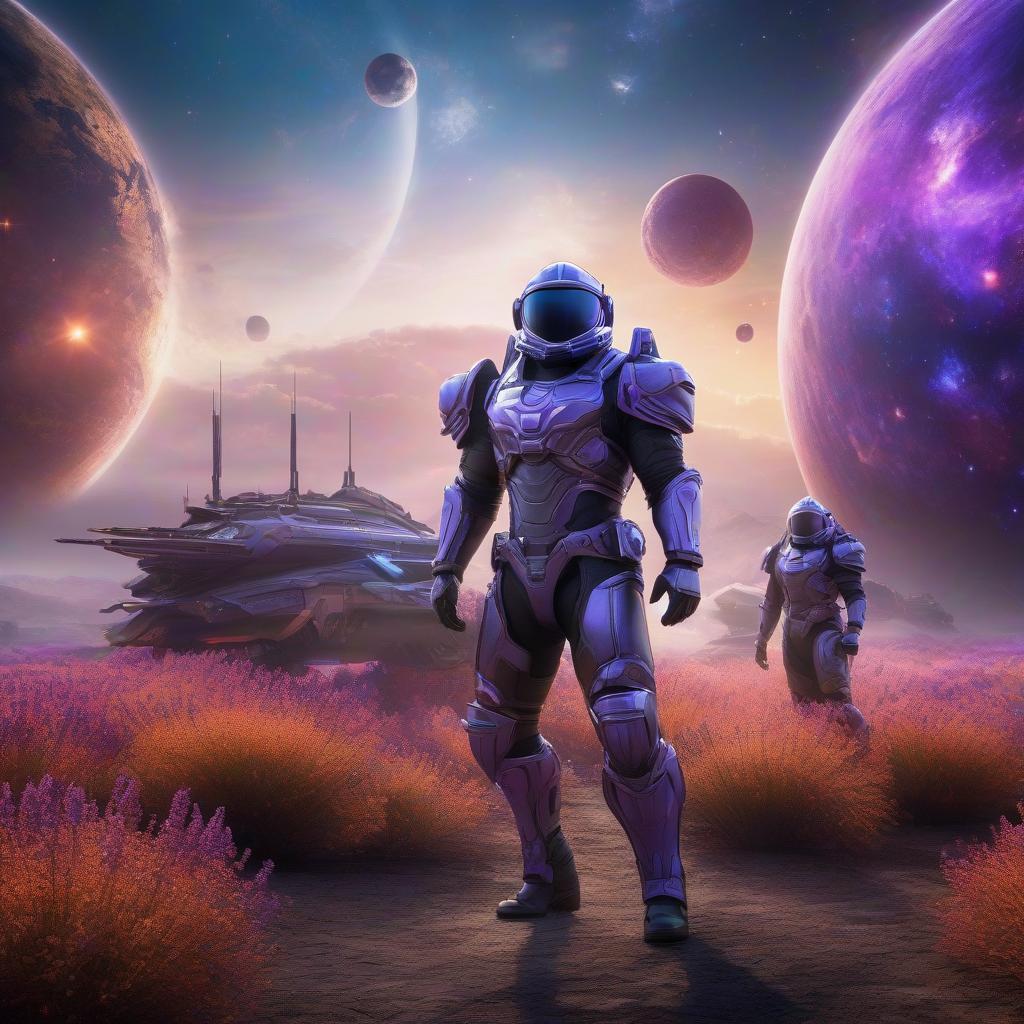  space themed An arena where men fighters in full grown. Standing at a distance from each other, wearing cyber armors, with a background of lavender with a space theme. . cosmic, celestial, stars, galaxies, nebulas, planets, science fiction, highly detailed hyperrealistic, full body, detailed clothing, highly detailed, cinematic lighting, stunningly beautiful, intricate, sharp focus, f/1. 8, 85mm, (centered image composition), (professionally color graded), ((bright soft diffused light)), volumetric fog, trending on instagram, trending on tumblr, HDR 4K, 8K