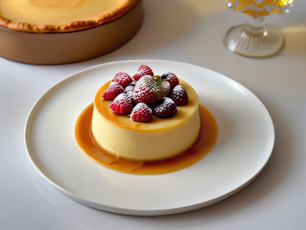  An elegant, minimalistic image of a perfectly baked flan sitting on a sleek white plate, garnished with a single fresh raspberry on top. The flan is golden brown on the edges, with a creamy, smooth texture visible in the center. The plate is set on a simple, modern tabletop with soft lighting that highlights the flan's glossy surface, creating a visually appealing and appetizing composition. hyperrealistic, full body, detailed clothing, highly detailed, cinematic lighting, stunningly beautiful, intricate, sharp focus, f/1. 8, 85mm, (centered image composition), (professionally color graded), ((bright soft diffused light)), volumetric fog, trending on instagram, trending on tumblr, HDR 4K, 8K