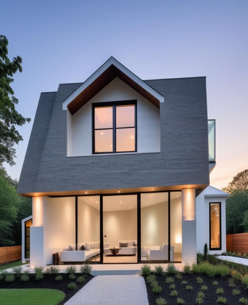 redesign the building exterior in a modern minimalist architectural style, featuring smooth white concrete walls, large glass windows, clean lines, and ambient exterior lighting. replace traditional design elements with sleek, contemporary finishes. keep the perspective and overall structure intact