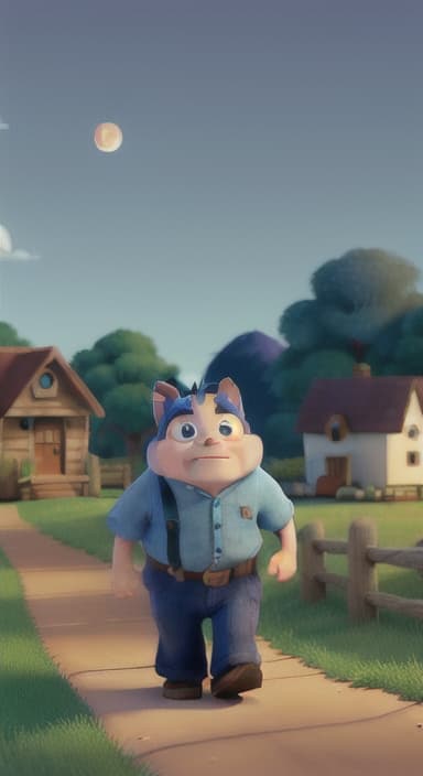  {Max walking back towards the cozy little house with droopy eyes, as twilight falls, The big blue dog is large with sky blue fur, big round eyes, a black nose, and floppy ears.