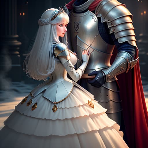  A knight and a princess. hyperrealistic, full body, detailed clothing, highly detailed, cinematic lighting, stunningly beautiful, intricate, sharp focus, f/1. 8, 85mm, (centered image composition), (professionally color graded), ((bright soft diffused light)), volumetric fog, trending on instagram, trending on tumblr, HDR 4K, 8K