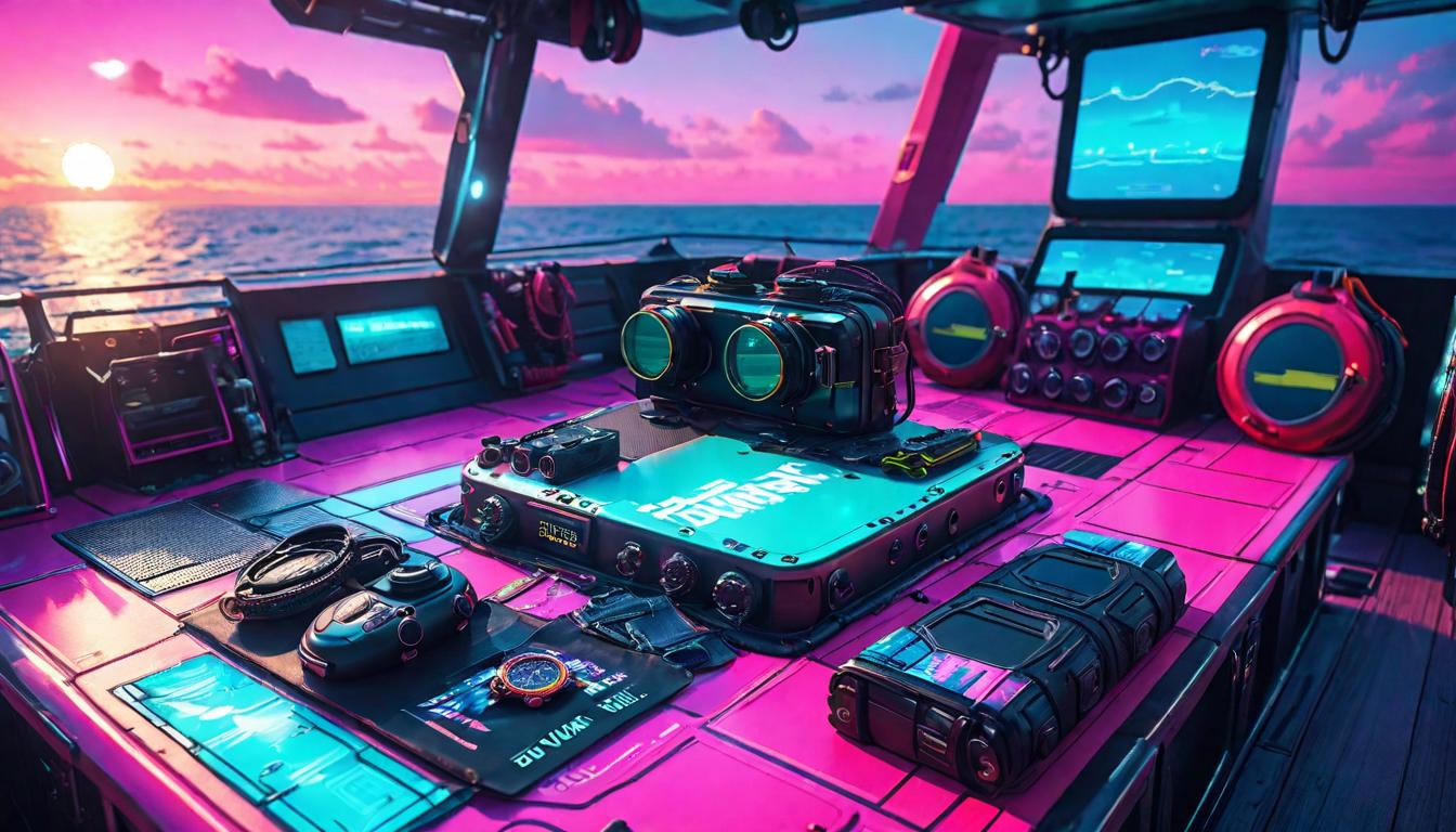  vaporwave,cyberpunk game style Diving gear laid out on a boat deck at sunrise, ready for a deep sea dive, metaphor for diving into emotional depths to provide solutions. Diving gear, boat deck, sunrise, ready for deep emotional dive.eon, dystopian, futuristic, digital, vibrant, detailed, high contrast, reminiscent of cyberpunk genre video games,retro aesthetic, cyberpunk, vibrant, neon colors, vintage 80s and 90s style, highly detailed