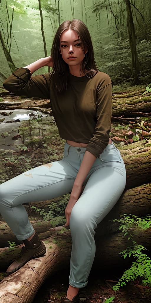  girl-in pants, sitting on a log, scar visible, in the forest