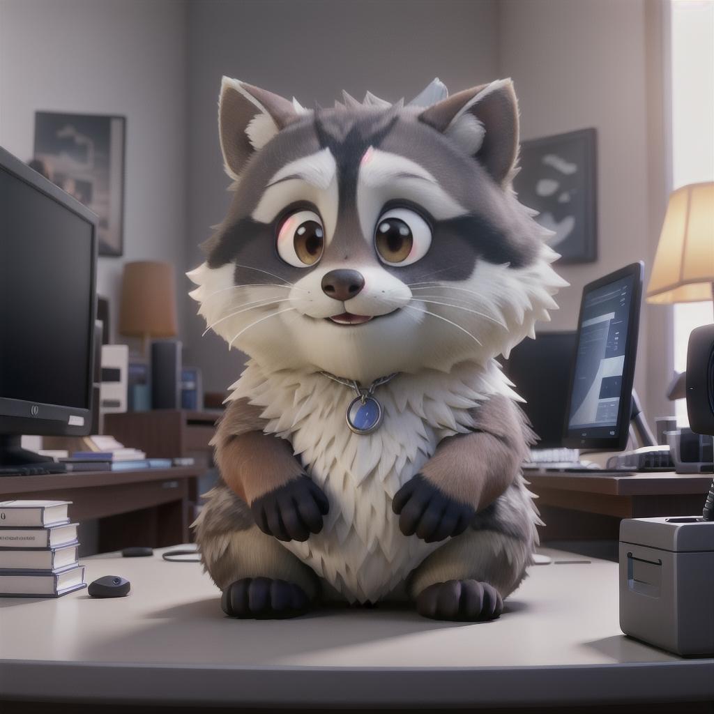  raccoon sitting in gaming chair front a computer on desktop, ((semi anthropomorphic)),(full body), tail, belly, sitting, fat, (chubby), (((white background))), solo, desktop, gaming chair, side view,  [[[clothes]]] hyperrealistic, full body, detailed clothing, highly detailed, cinematic lighting, stunningly beautiful, intricate, sharp focus, f/1. 8, 85mm, (centered image composition), (professionally color graded), ((bright soft diffused light)), volumetric fog, trending on instagram, trending on tumblr, HDR 4K, 8K