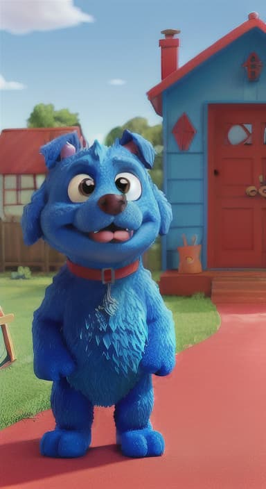  {Max the big blue dog standing in front of a cozy little house with a red door, The big blue dog is large with sky blue fur, big round eyes, a black nose, and floppy ears.